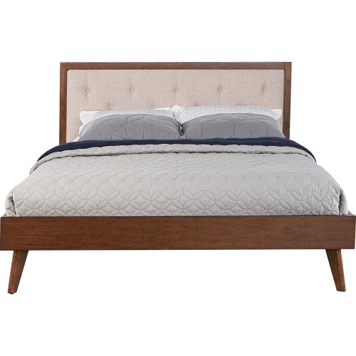 Reid Mid Century Platform Queen Bed in Walnut Finish & Oatmeal Fabric