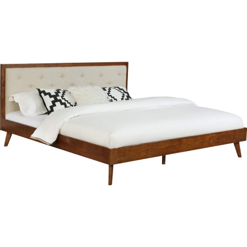 Reid Mid Century Platform King Bed in Walnut Finish & Oatmeal Fabric