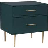 Gloria 2 Drawer Night Stand in Dark Green Finish Wood & Gold