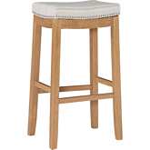 Claridge Bar Stool in Beige Striped Linen & Rustic Brown Wood