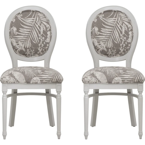 Halston Oval Back Dining Chair in White Wood & Taupe Floral Fabric (Set of 2)