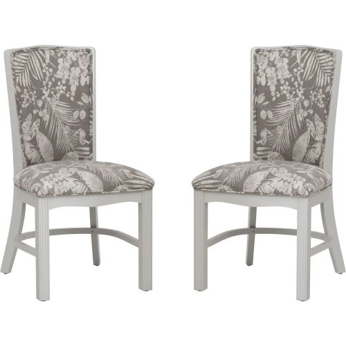 Kresage Dining Chair in White Wood & Taupe Floral Fabric (Set of 2)