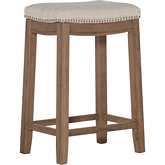 Claridge Counter Stool in Beige Striped Linen & Rustic Brown Wood