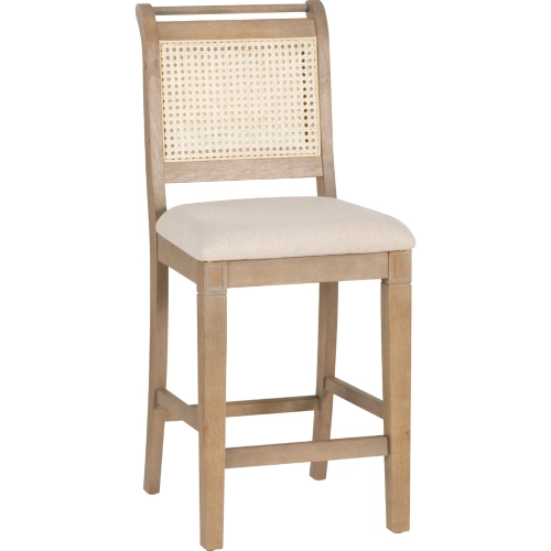 Emmy Counter Stool in Grey Wash Wood, Cane & Beige Linen Look Fabric