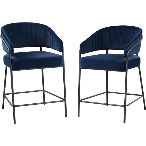 Prestwick Counter Stool in Black Metal & Navy Blue Fabric (Set of 2)