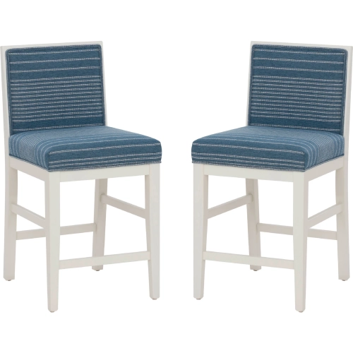 Regina Counter Stool in White Wood & Blue Stripe Fabric (Set of 2)