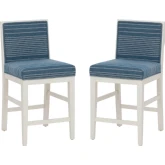 Regina Counter Stool in White Wood & Blue Stripe Fabric (Set of 2)