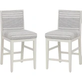 Regina Counter Stool in White Wood & Grey Stripe Fabric (Set of 2)