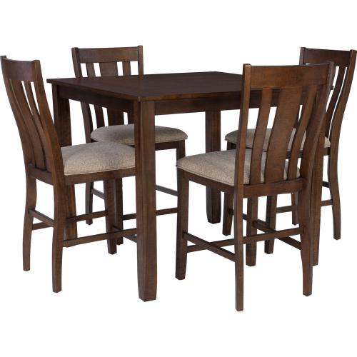Lepine 5 Piece Counter Dining Set in Sawmark Acacia & Beige Fabric