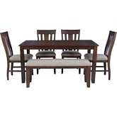 Lepine 6 Piece Dining Set in Sawmark Wood & Beige Fabric