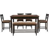Meretta 6 Piece Counter Dining Set in Wood & Brown Fabric