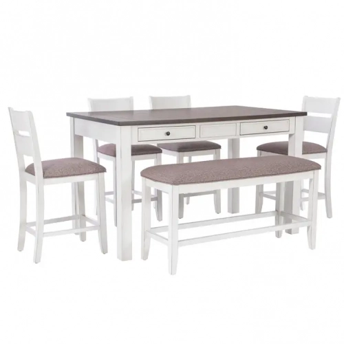 Meretta 6 Piece Counter Dining Set in White Wood & Brown Fabric