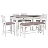 Meretta 6 Piece Counter Dining Set in White Wood & Brown Fabric