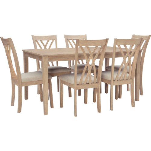 Maggie 7 Piece Dining Set in Natural Wood & Sand Fabric