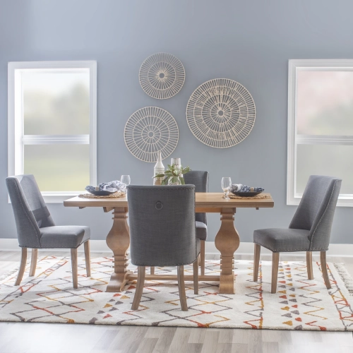 McLeavy 5 Piece Dining Set in Honey Brown Wood & Grey Fabric