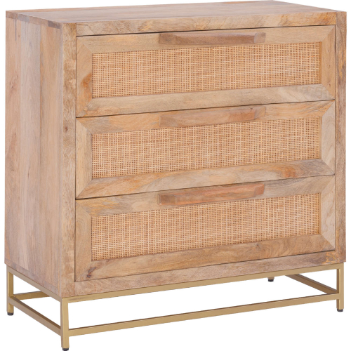 Janie 3 Drawer Cabinet in Natural Finish Rattan, Wood & Gold Metal