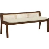 Bauer Cane Bench in Brown Wood & Beige Linen Look Fabric