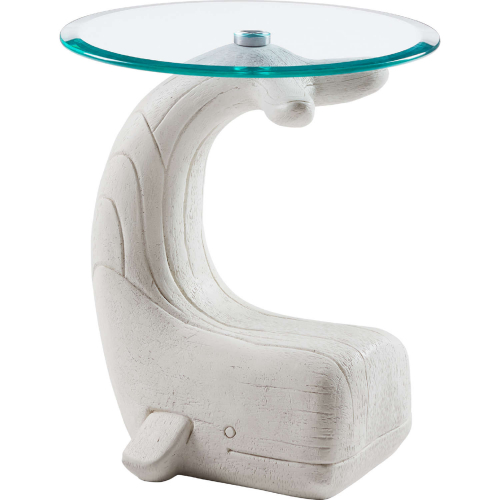 Moby Whale Side Table in White Distressed Driftwood & Tempered Glass