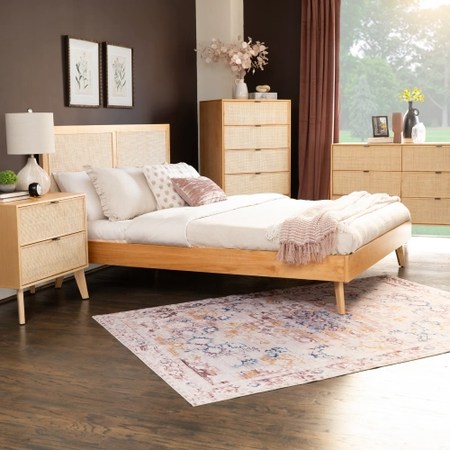 Collett 4 Piece Queen Bedroom Set in Wood & Cane