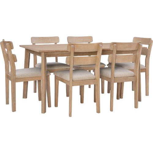 Drury 7 Piece Dining Set in Natural Wood & Beige Fabric