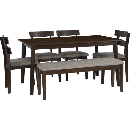 Drury 6 Piece Dining Set in Brown Wood & Grey Fabric