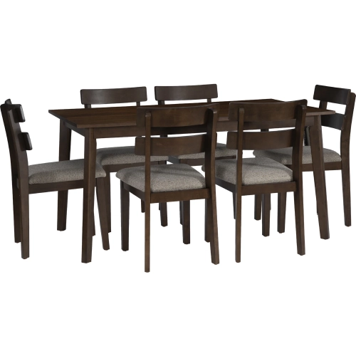 Drury 7 Piece Dining Set in Brown Wood & Grey Fabric