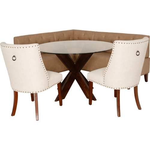 Adler 4 Piece Dining Nook Set Tan Vegan Leather, Beige Linen, Wood & Glass