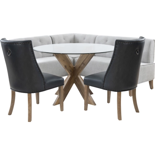 Adler 4 Piece Dining Nook Set in Grey Fabric, Navy Vegan Leather, Wood & Glass