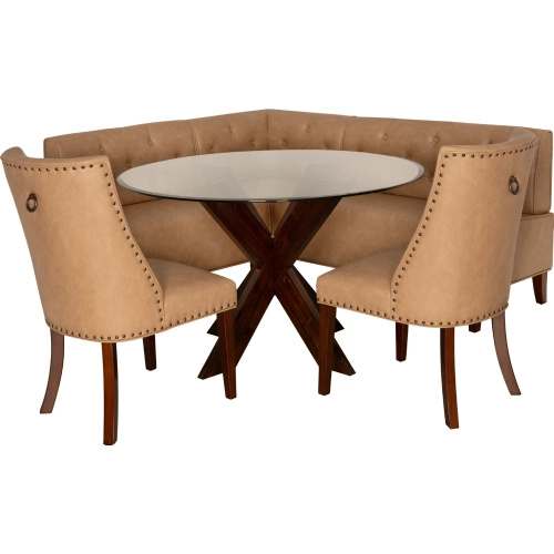 Adler 4 Piece Dining Nook Set Tan Vegan Leather, Wood & Tempered Glass