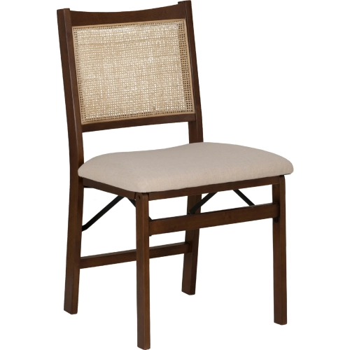 Bauer Cane Folding Dining Chair in Brown Wood & Beige Linen Look Fabric