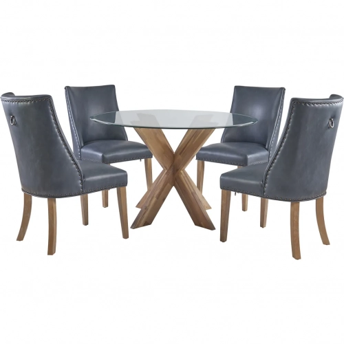 Adler 5 Piece Dining Set in Navy Blue Leatherette, Wood & Glass
