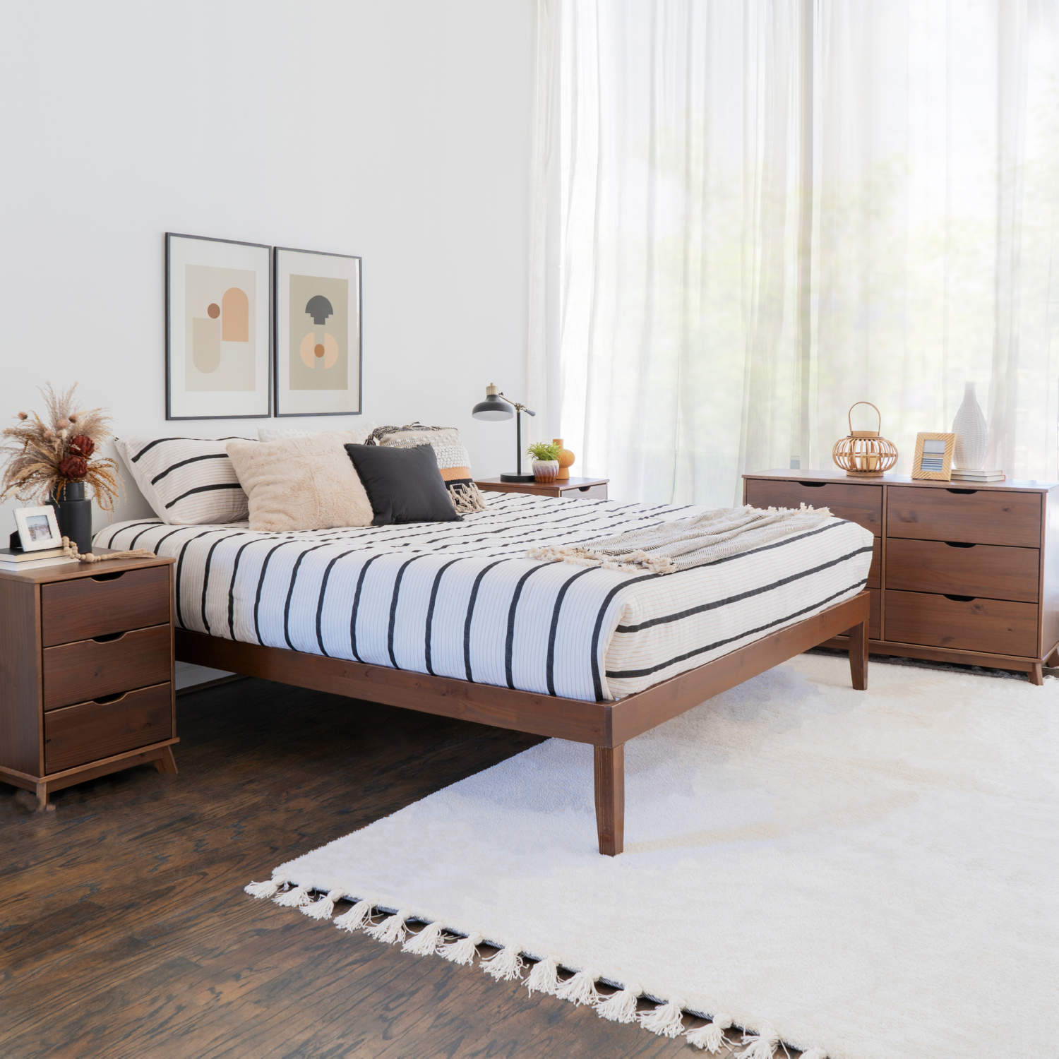 Powell D1507R23WALKBDNS3 Polly 4 Piece King Bed, Dresser & 3 Drawer  Nightstands Set in Walnut Brown