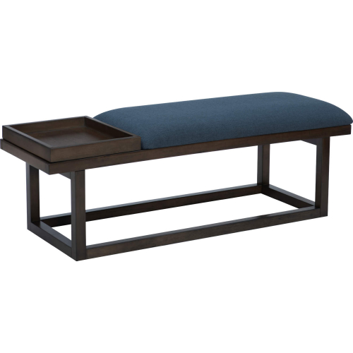 Georgia Bench with Tray in Brown Wood & Navy Blue Fabric
