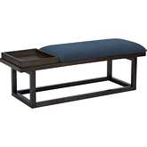 Georgia Bench with Tray in Brown Wood & Navy Blue Fabric
