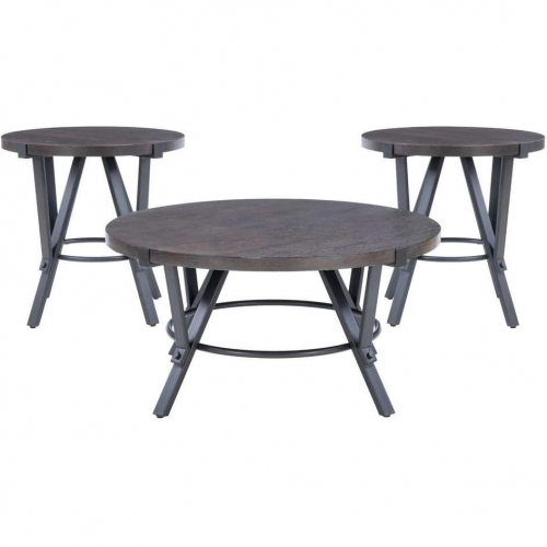 Glenroy 3 Piece Round Coffee & End Table Set in Wood & Charcoal Metal