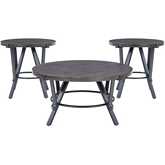 Glenroy 3 Piece Round Coffee & End Table Set in Wood & Charcoal Metal