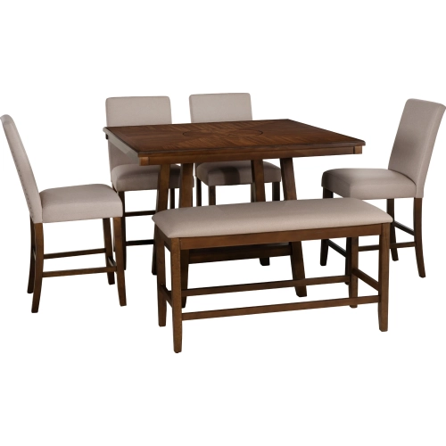 Spiva 6 Piece Counter Dining Set in Brown Wood & Tan Fabric