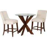 Adler 3 Piece Counter Dining Set in Espresso Wood, Beige Linen Look & Glass