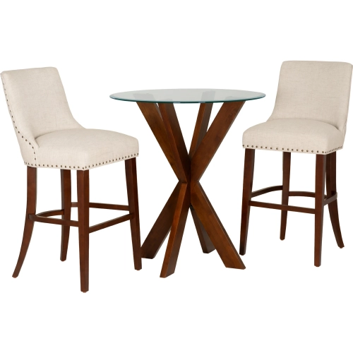 Adler 3 Piece Pub Dining Set in Espresso Wood, Beige Linen Look & Glass
