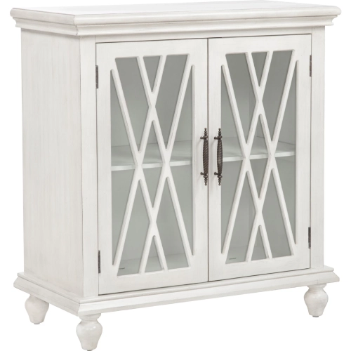 Kelcey 2 Door Cabinet in Distressed Creamy White Wood & Tempered Glass