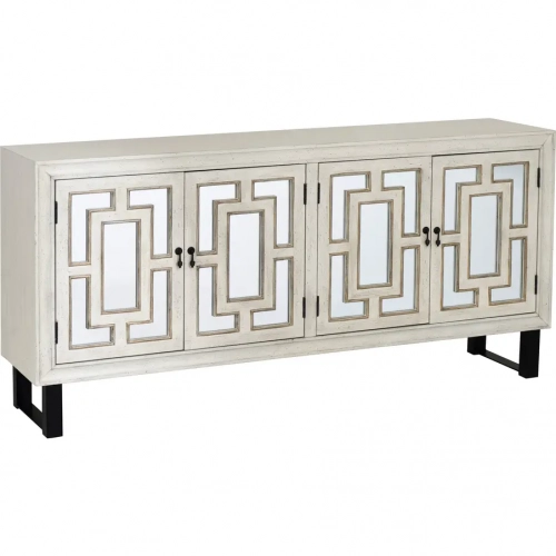 Tamara 4 Door Media Credenza Antique White Wood, Mirror & metal