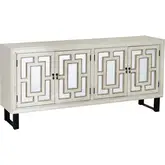 Tamara 4 Door Media Credenza Antique White Wood, Mirror & metal