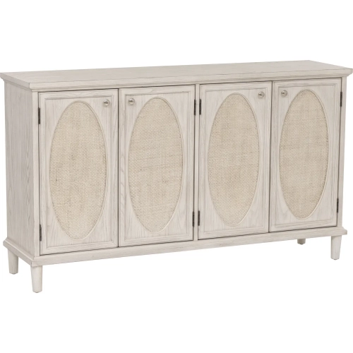 Rollins 4 Door Credenza Cabinet in Antique White Wood & Rattan