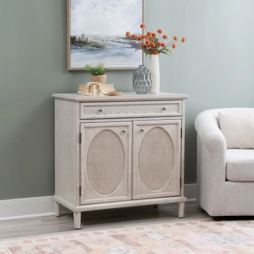 Rollins 2 Door 1 Drawer Cabinet in Antique White Wood & Rattan