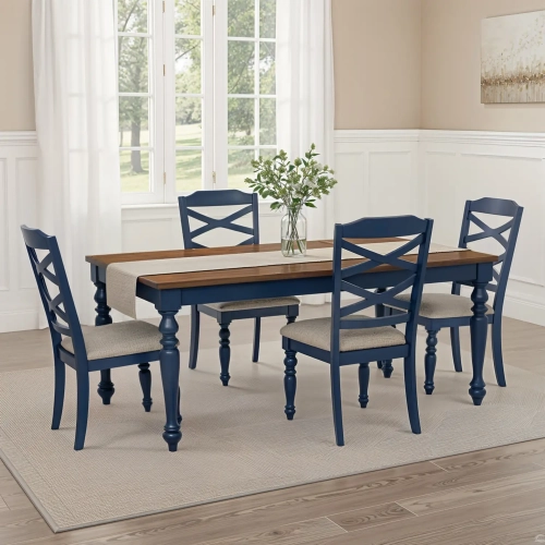 Aster 5 Piece Dining Set in Navy Blue, Wood & Gray Fabric