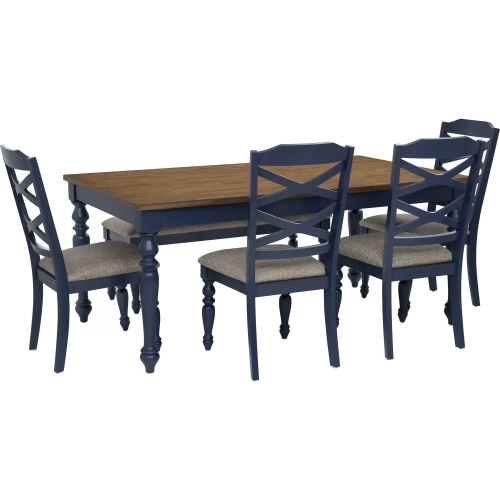 Aster 6 Piece Dining Set in Navy Blue, Wood & Gray Fabric