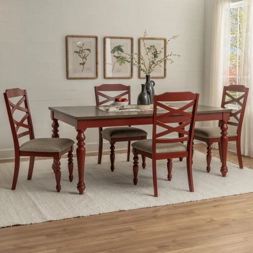 Aster 5 Piece Dining Set in Red, Wood & Gray Fabric
