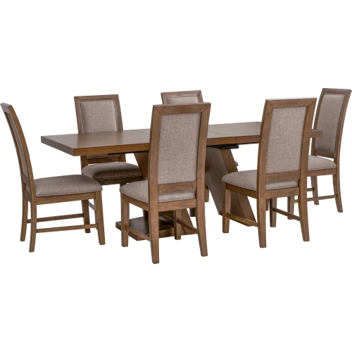 Callahan 7 Piece Dining Set in Walnut Brown Wood & Beige Fabric