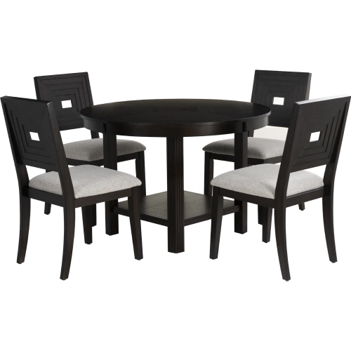 Ingrid 5 Piece Round Dining Set in Espresso Brown Wood & Grey Fabric