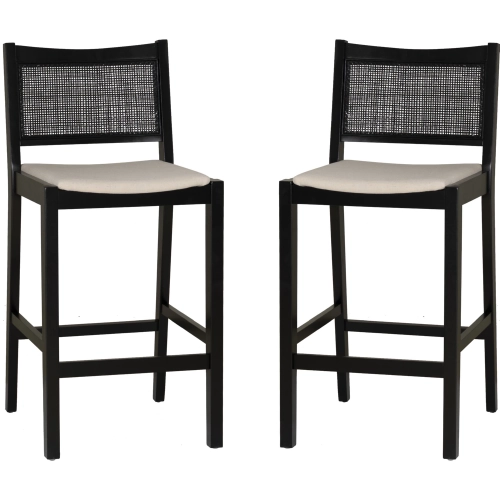 Bauer Cane Bar Stool in Black Wood & Beige Linen Look Fabric (Set of 2)